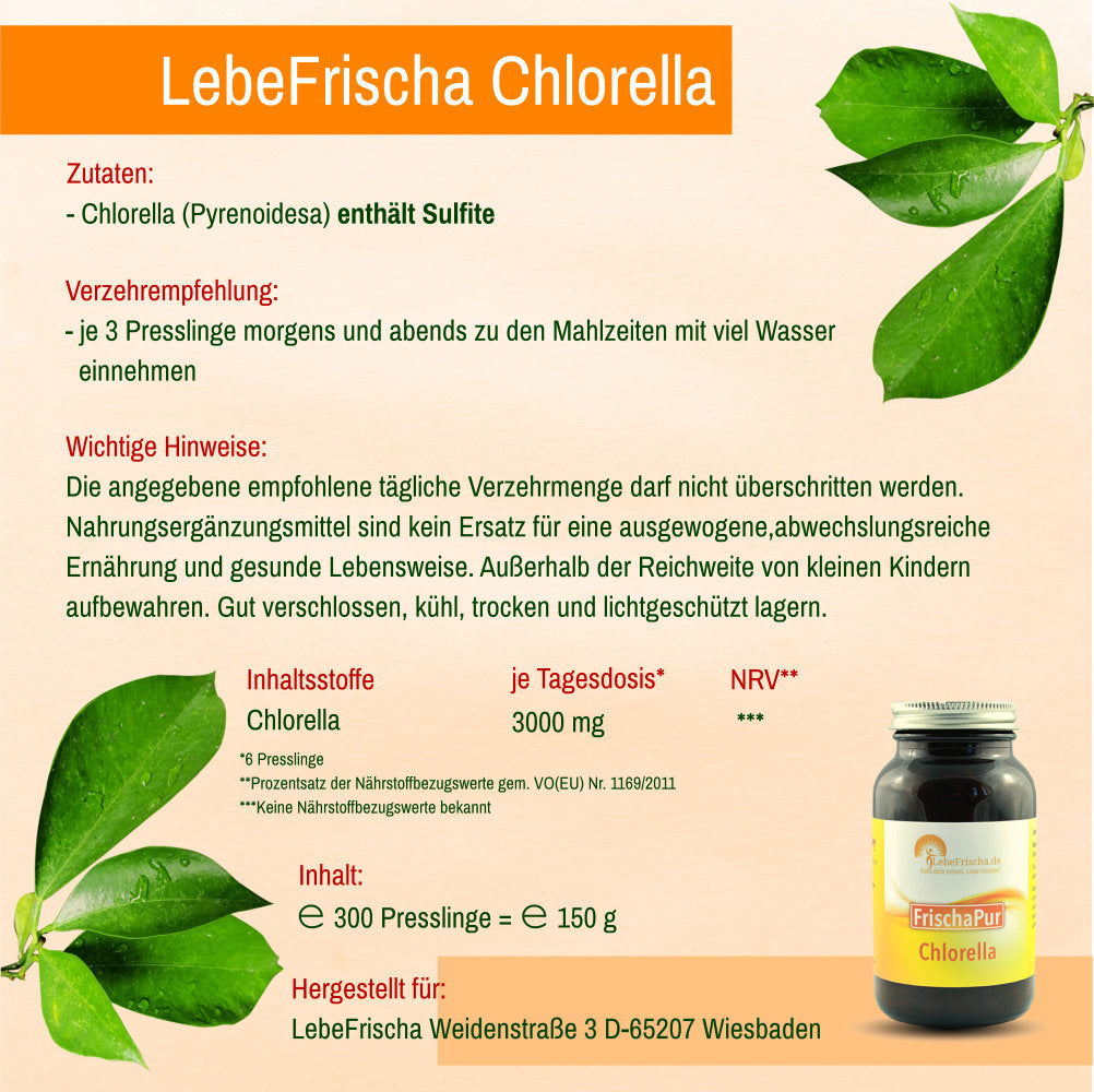LebeFrischa Chlorella | Alles auf einen Blick: Zutaten, Verzehrempfehlung, Inhaltsstoffe.