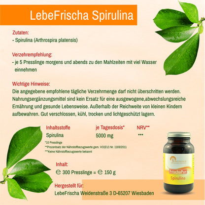 LebeFrischa Spirulina | Alles auf einen Blick: Zutaten, Verzehrempfehlung, Inhaltsstoffe.