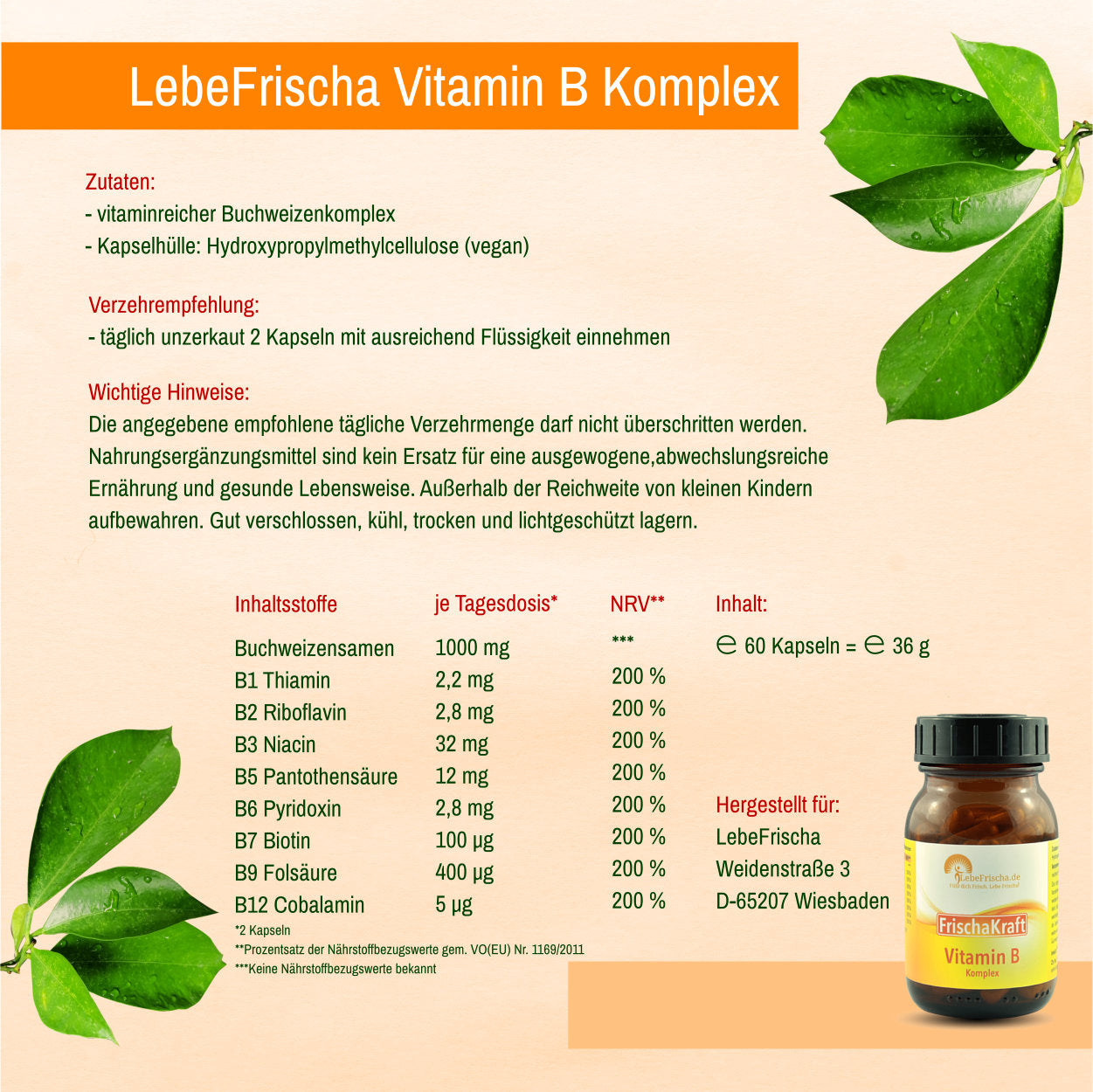 LebeFrischa Vitamin B Komplex | Alles auf einen Blick: Zutaten, Verzehrempfehlung, Inhaltsstoffe.