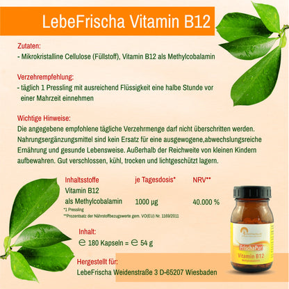 LebeFrischa Vitamin B12 | Alles auf einen Blick: Zutaten, Verzehrempfehlung, Inhaltsstoffe.