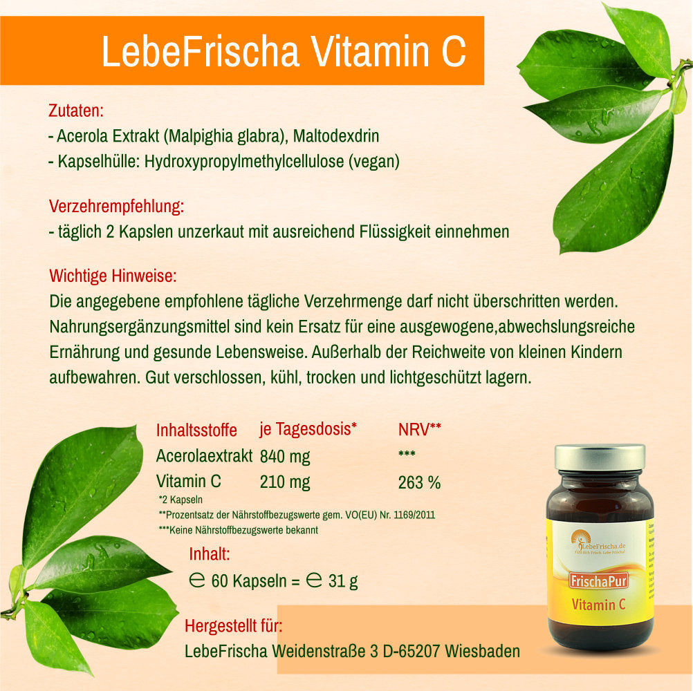 LebeFrischa Vitamin C | Alles auf einen Blick: Zutaten, Verzehrempfehlung, Inhaltsstoffe.